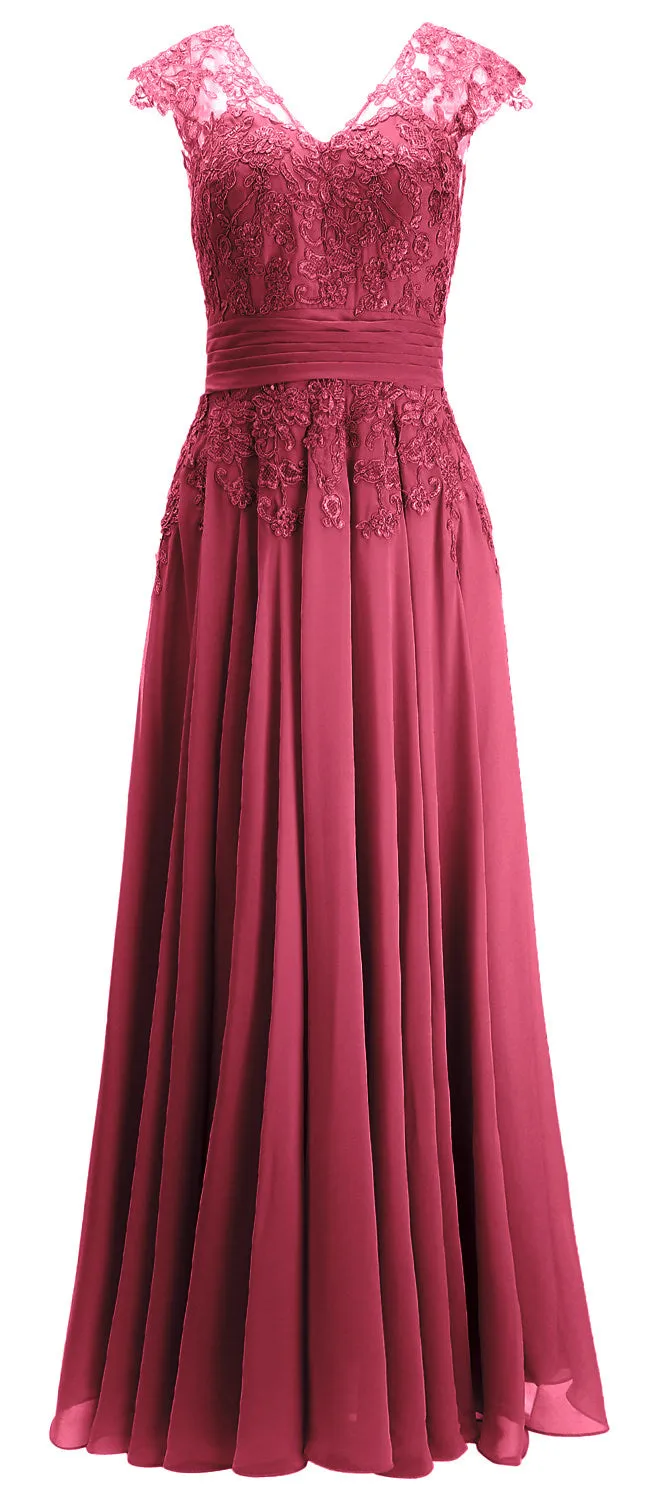 MACloth Women Maxi Mother of Bride Dresses Cap Sleeve V Neck Lace Evening Gown