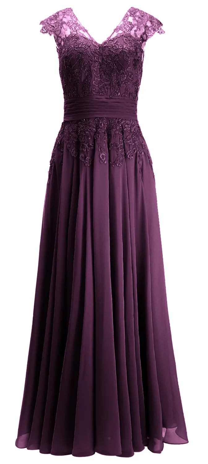 MACloth Women Maxi Mother of Bride Dresses Cap Sleeve V Neck Lace Evening Gown