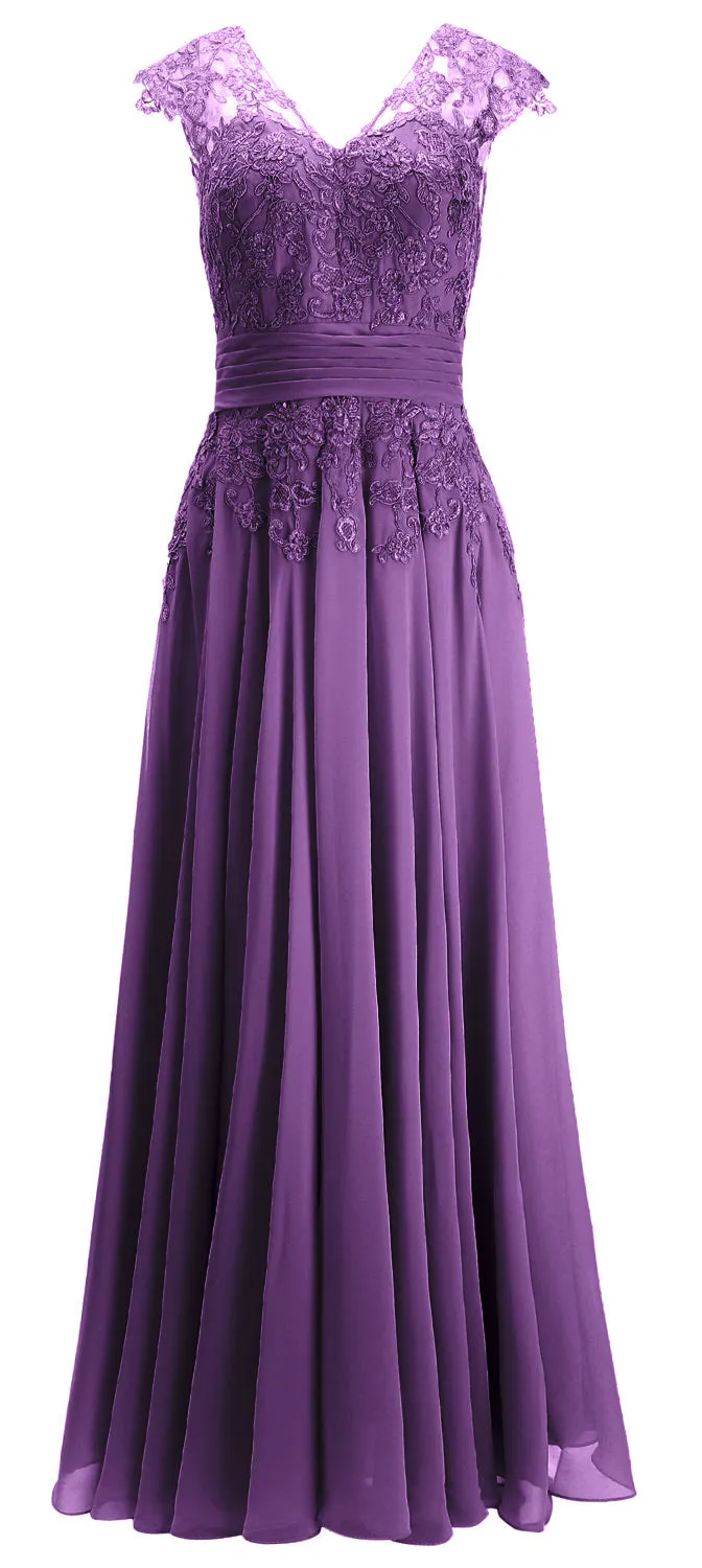 MACloth Women Maxi Mother of Bride Dresses Cap Sleeve V Neck Lace Evening Gown