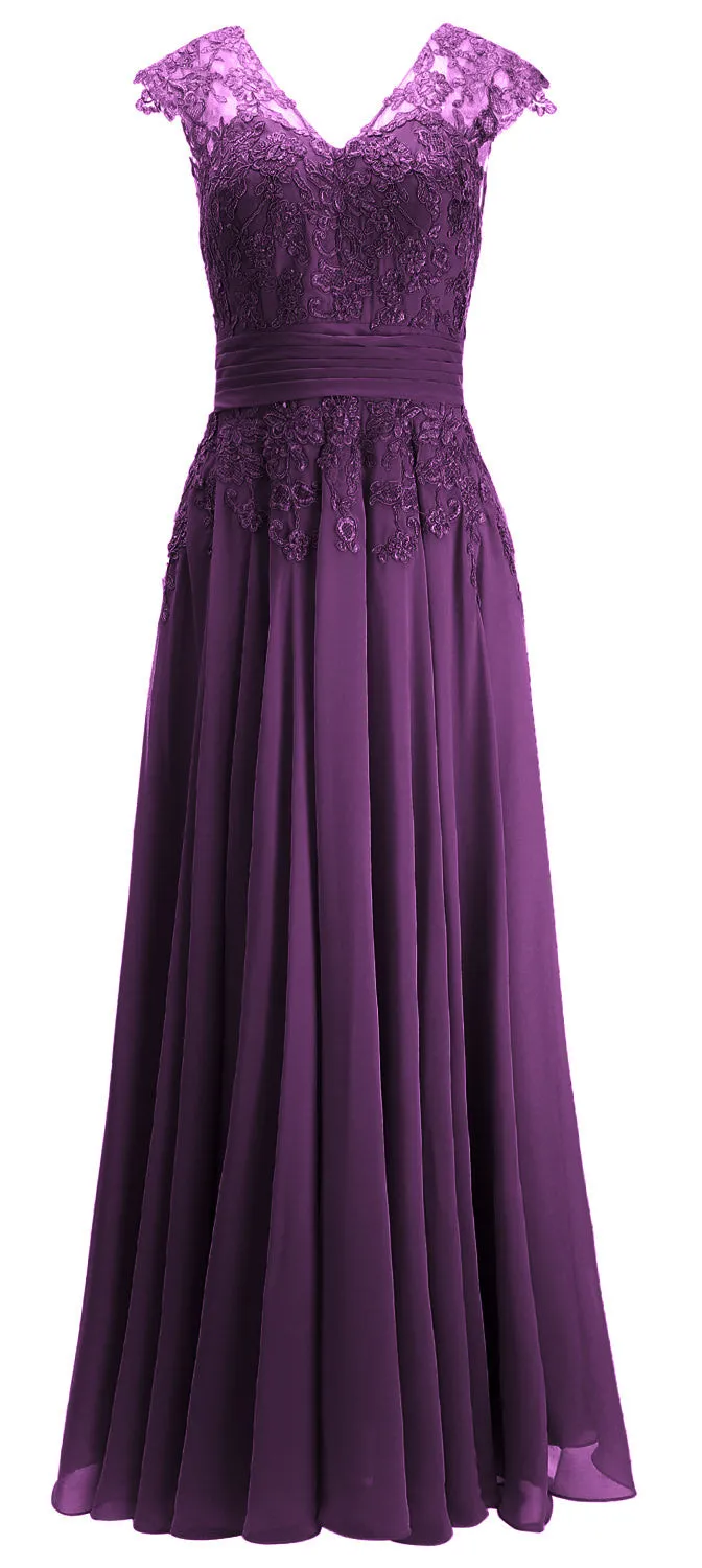 MACloth Women Maxi Mother of Bride Dresses Cap Sleeve V Neck Lace Evening Gown