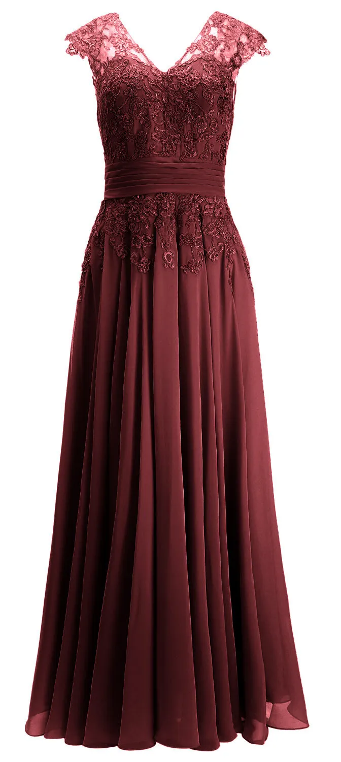 MACloth Women Maxi Mother of Bride Dresses Cap Sleeve V Neck Lace Evening Gown