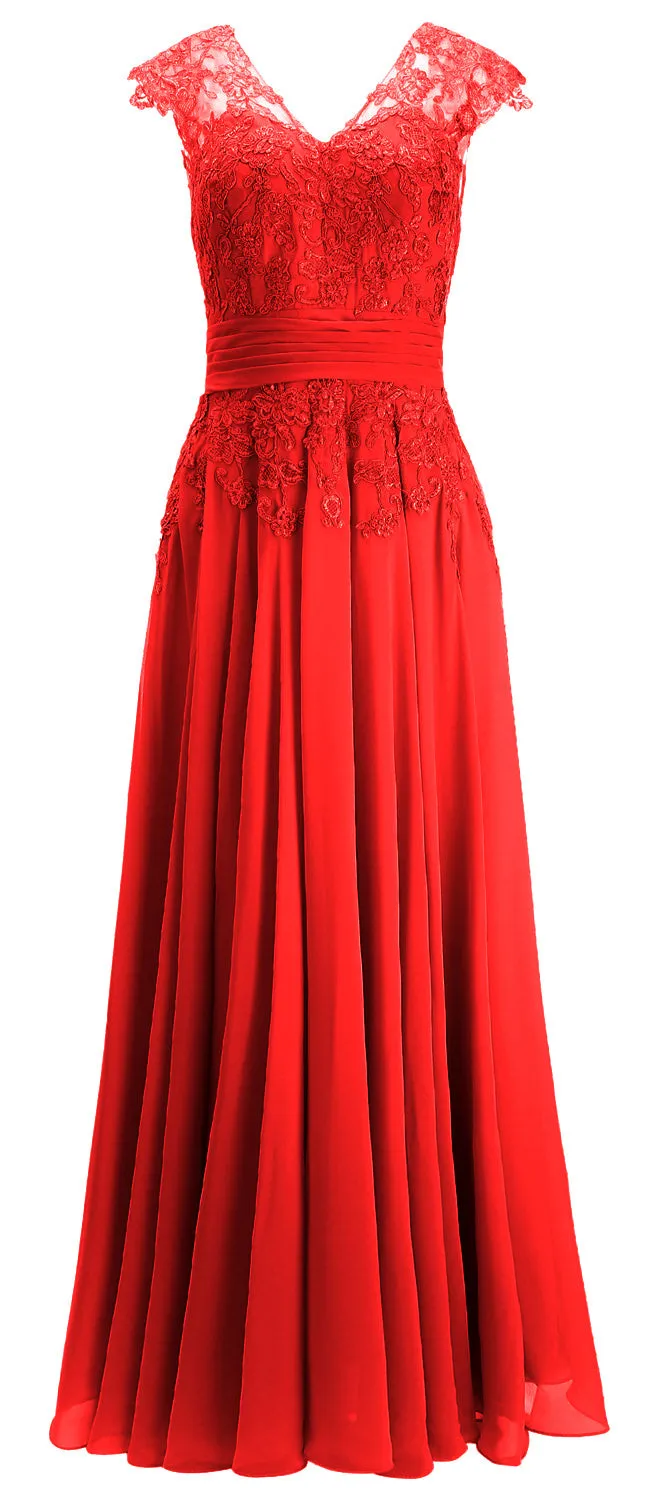 MACloth Women Maxi Mother of Bride Dresses Cap Sleeve V Neck Lace Evening Gown