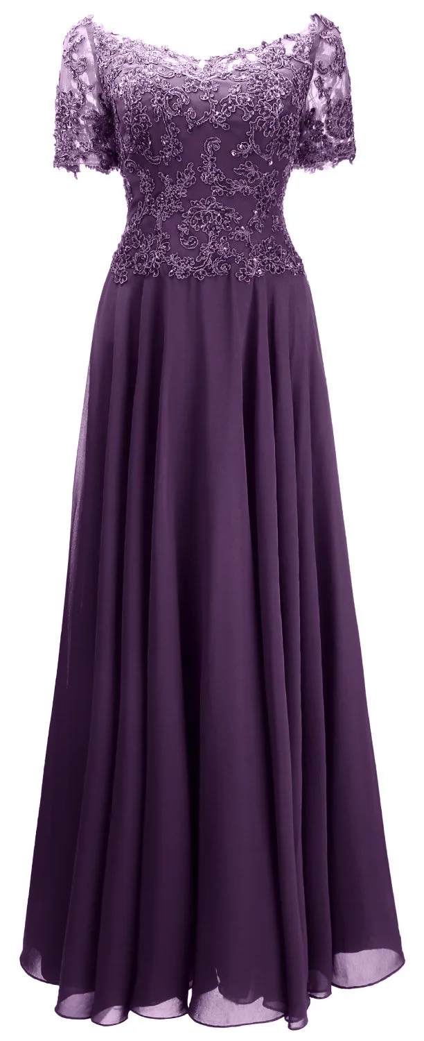 MACloth Women Mother Bride Dresses Short Sleeves Lace Evening Gown Off Shoulder
