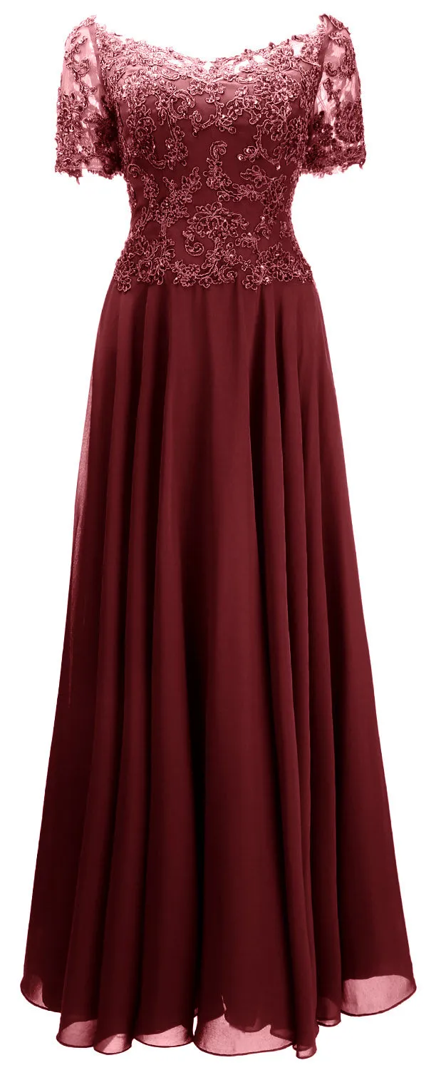 MACloth Women Mother Bride Dresses Short Sleeves Lace Evening Gown Off Shoulder