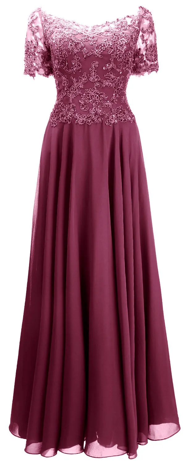 MACloth Women Mother Bride Dresses Short Sleeves Lace Evening Gown Off Shoulder