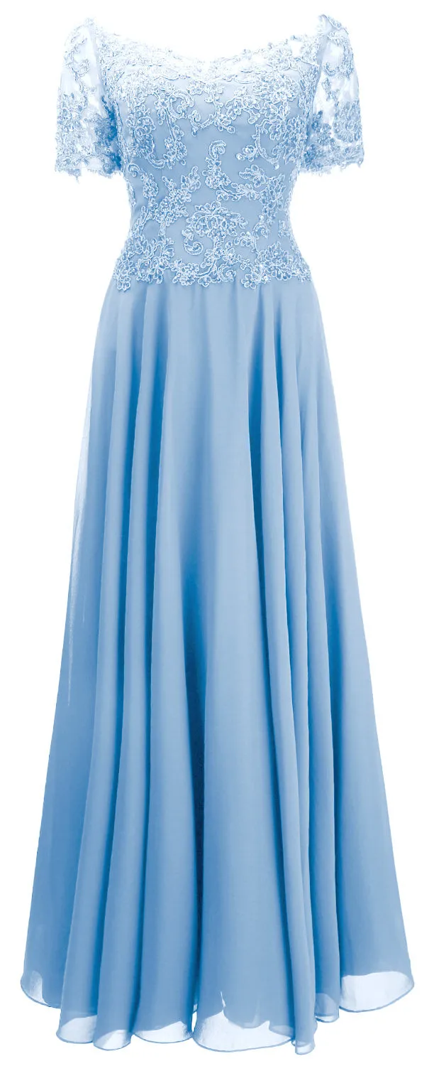 MACloth Women Mother Bride Dresses Short Sleeves Lace Evening Gown Off Shoulder