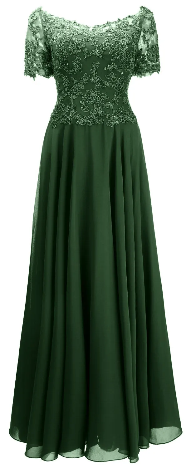 MACloth Women Mother Bride Dresses Short Sleeves Lace Evening Gown Off Shoulder