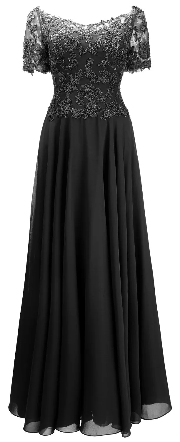 MACloth Women Mother Bride Dresses Short Sleeves Lace Evening Gown Off Shoulder