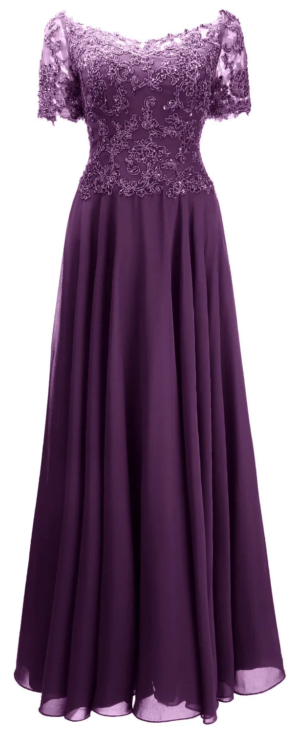 MACloth Women Mother Bride Dresses Short Sleeves Lace Evening Gown Off Shoulder