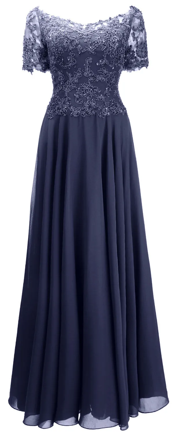 MACloth Women Mother Bride Dresses Short Sleeves Lace Evening Gown Off Shoulder