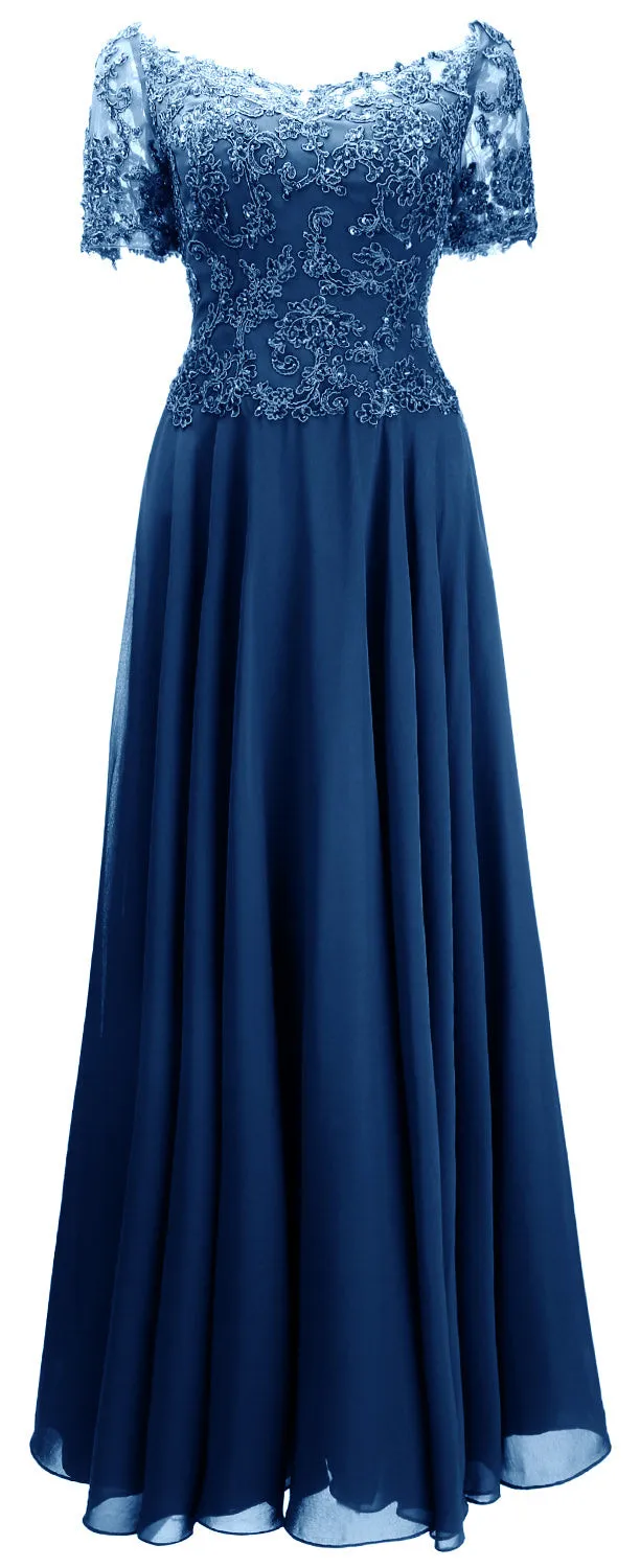 MACloth Women Mother Bride Dresses Short Sleeves Lace Evening Gown Off Shoulder
