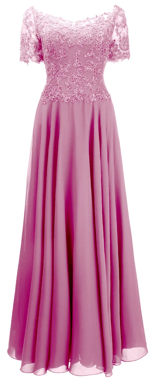 MACloth Women Mother Bride Dresses Short Sleeves Lace Evening Gown Off Shoulder