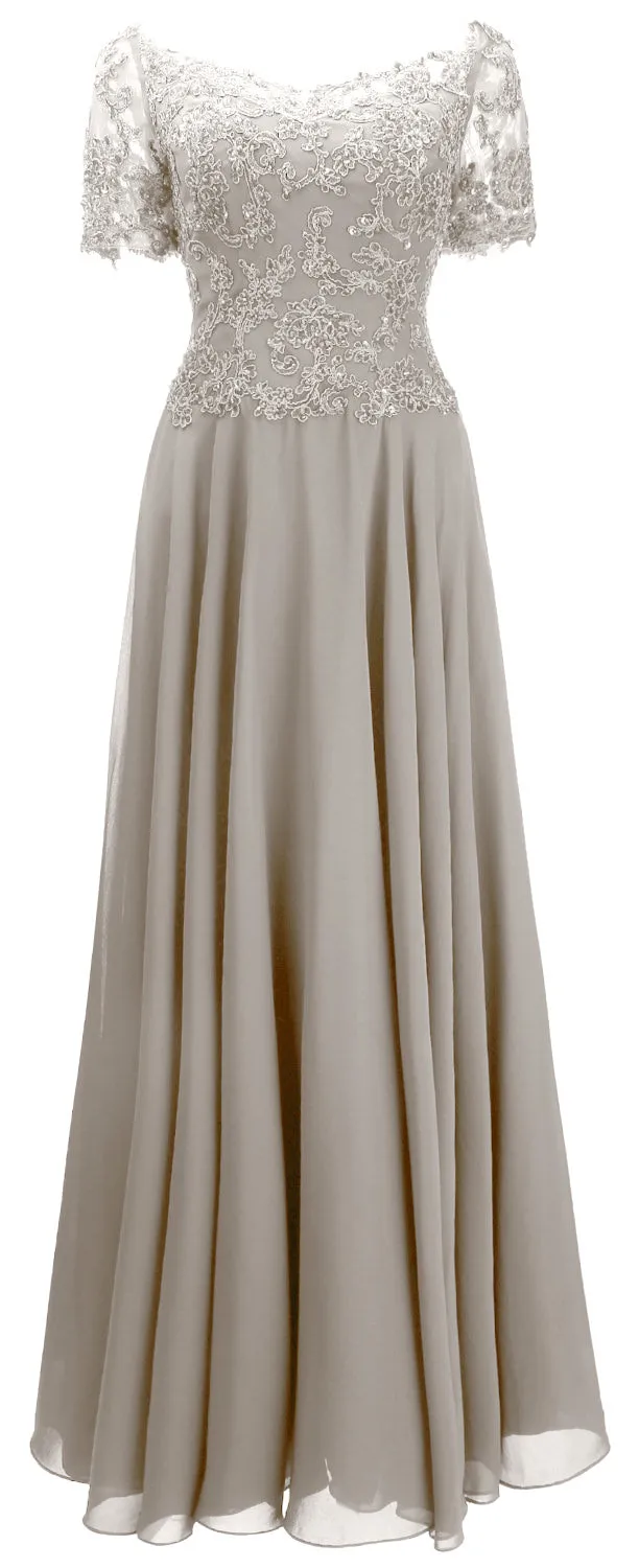MACloth Women Mother Bride Dresses Short Sleeves Lace Evening Gown Off Shoulder
