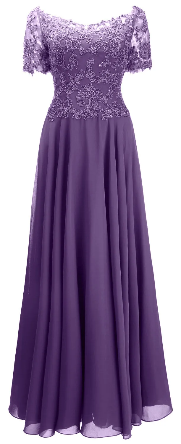 MACloth Women Mother Bride Dresses Short Sleeves Lace Evening Gown Off Shoulder
