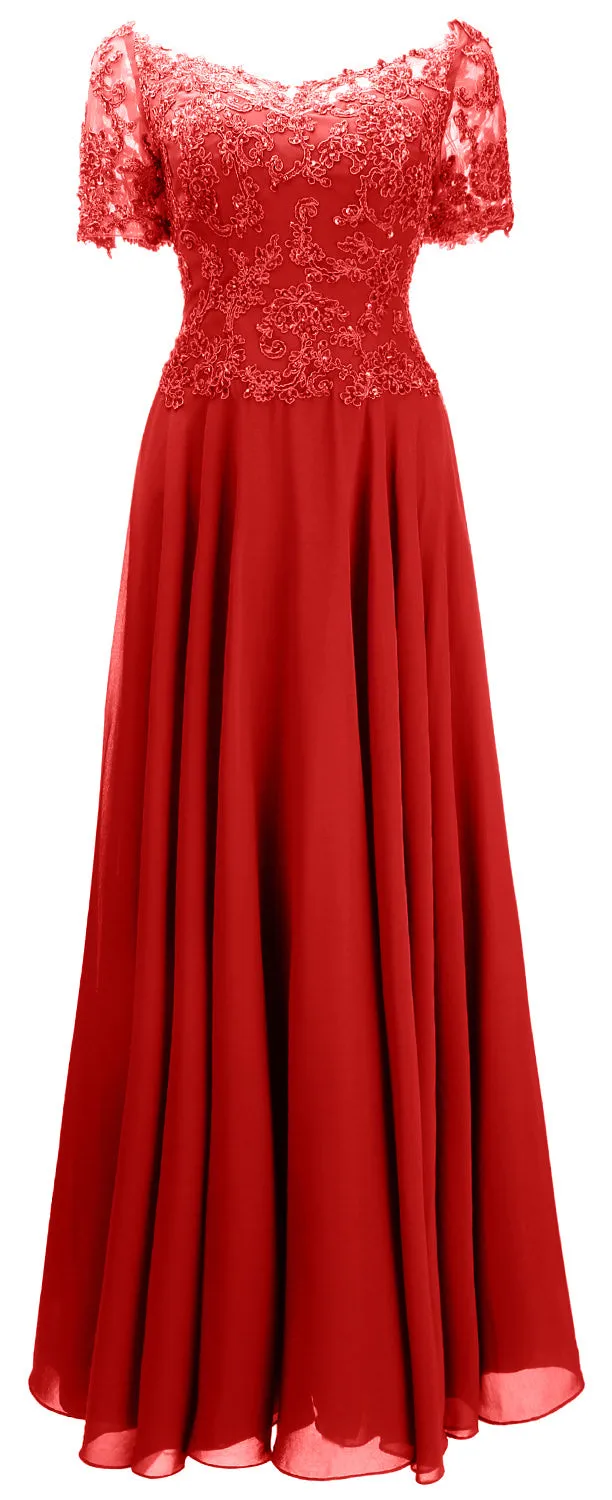 MACloth Women Mother Bride Dresses Short Sleeves Lace Evening Gown Off Shoulder