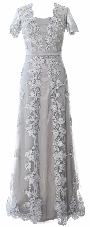 MACloth Women Mother of the Bride Dresses Short Sleeves Lace Formal Evening Gown