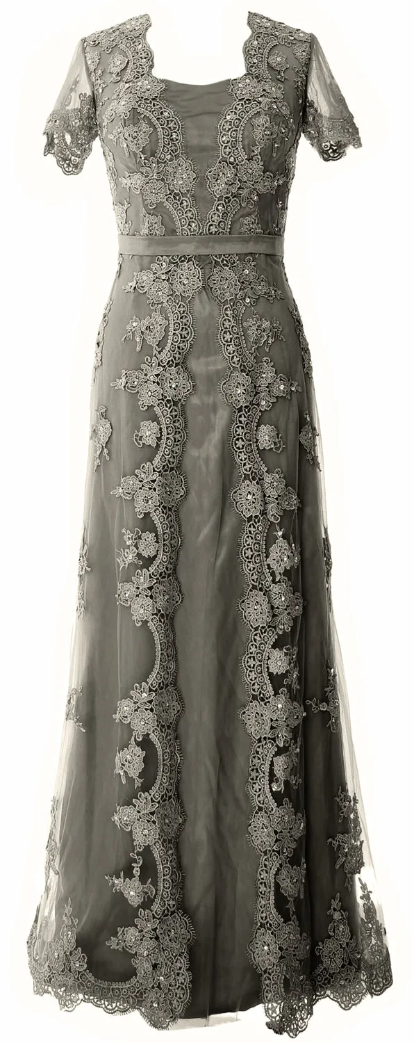 MACloth Women Mother of the Bride Dresses Short Sleeves Lace Formal Evening Gown