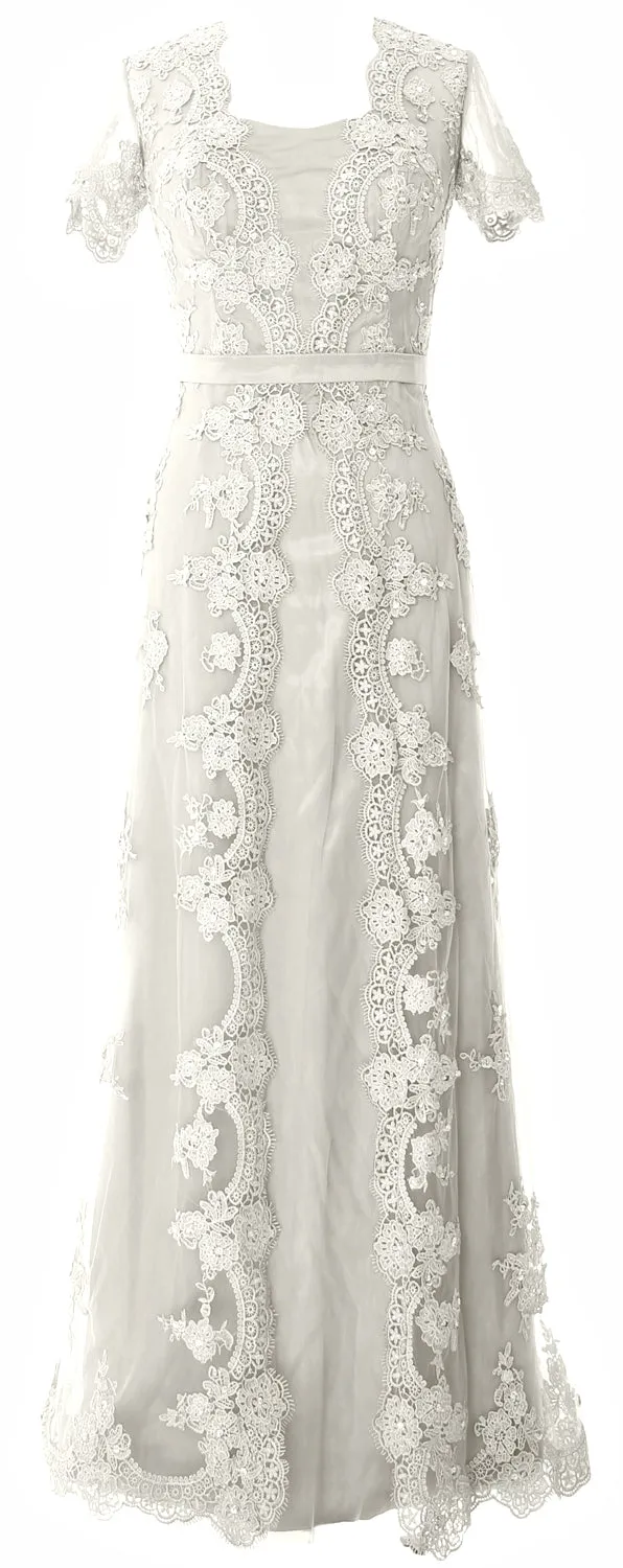 MACloth Women Mother of the Bride Dresses Short Sleeves Lace Formal Evening Gown
