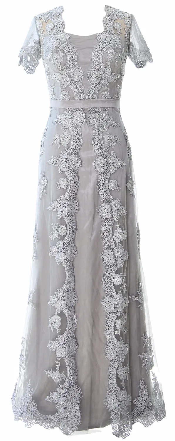 MACloth Women Mother of the Bride Dresses Short Sleeves Lace Formal Evening Gown