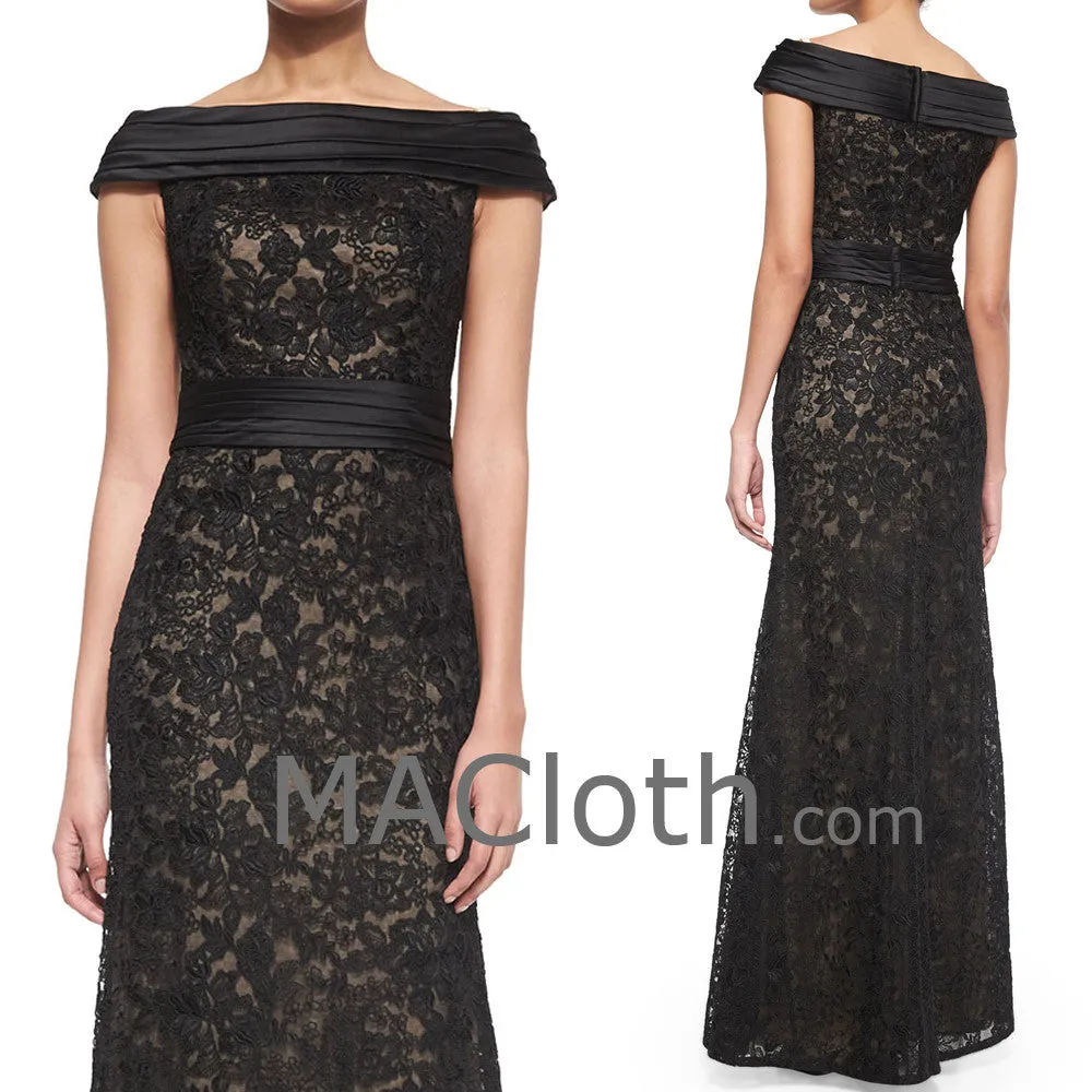 MACloth Women Off the Shoulder Mermaid Lace Long Evening Gown Black Formal Dress