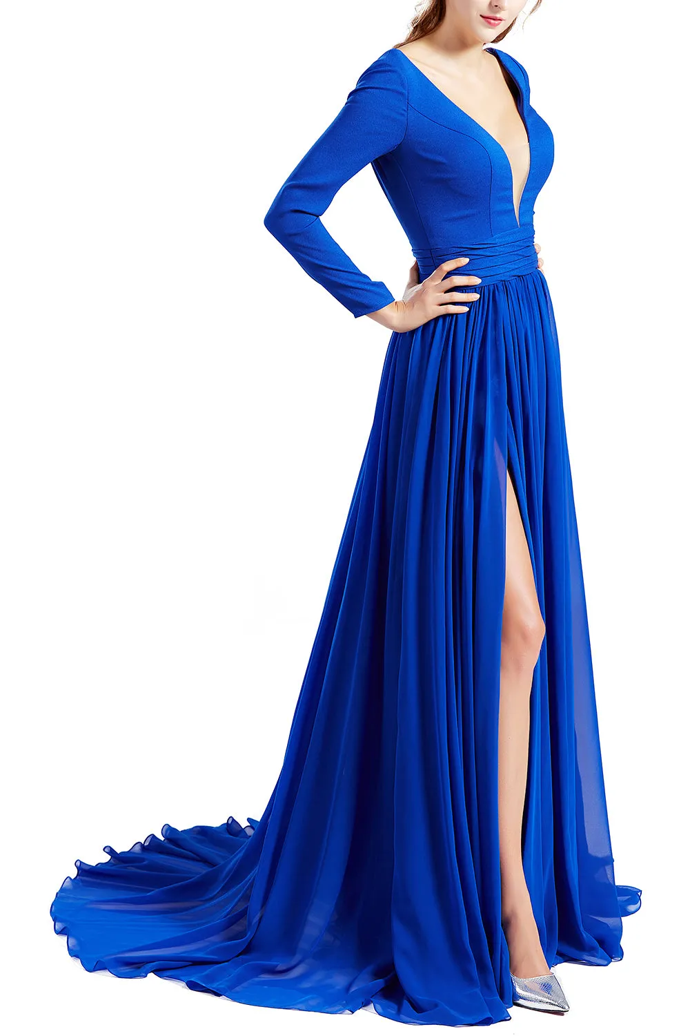 MACloth Women Plunging V Neck Long Sleeve Formal Evening Dress Prom Party Gown