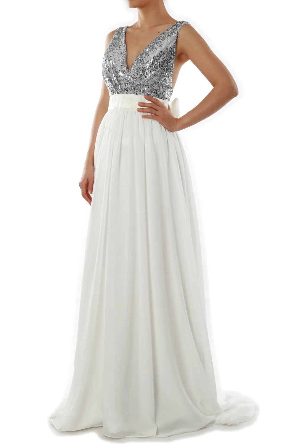 MACloth Women V Neck Sequin Long Prom Dress Wedding Party Formal Evening Gown