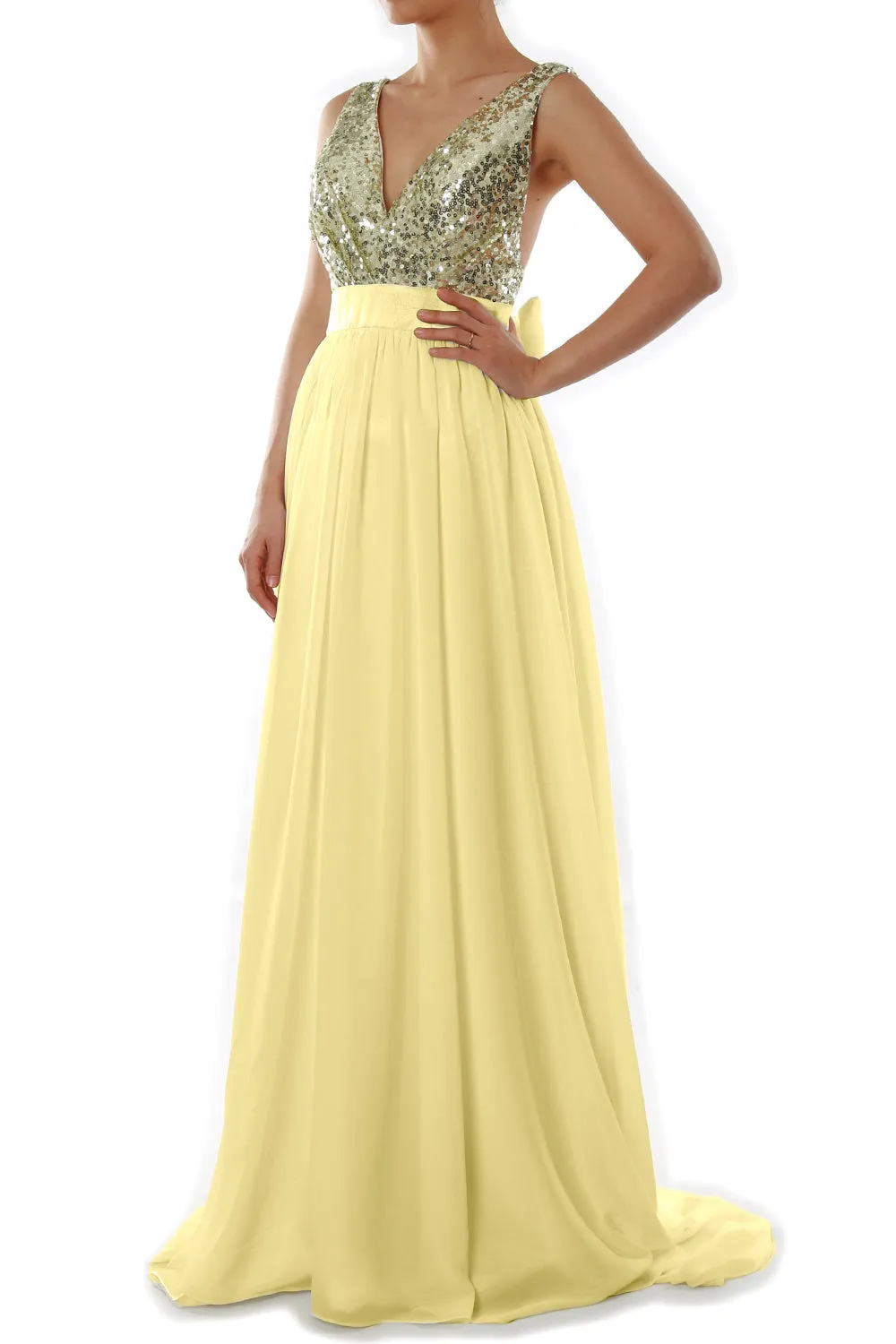 MACloth Women V Neck Sequin Long Prom Dress Wedding Party Formal Evening Gown