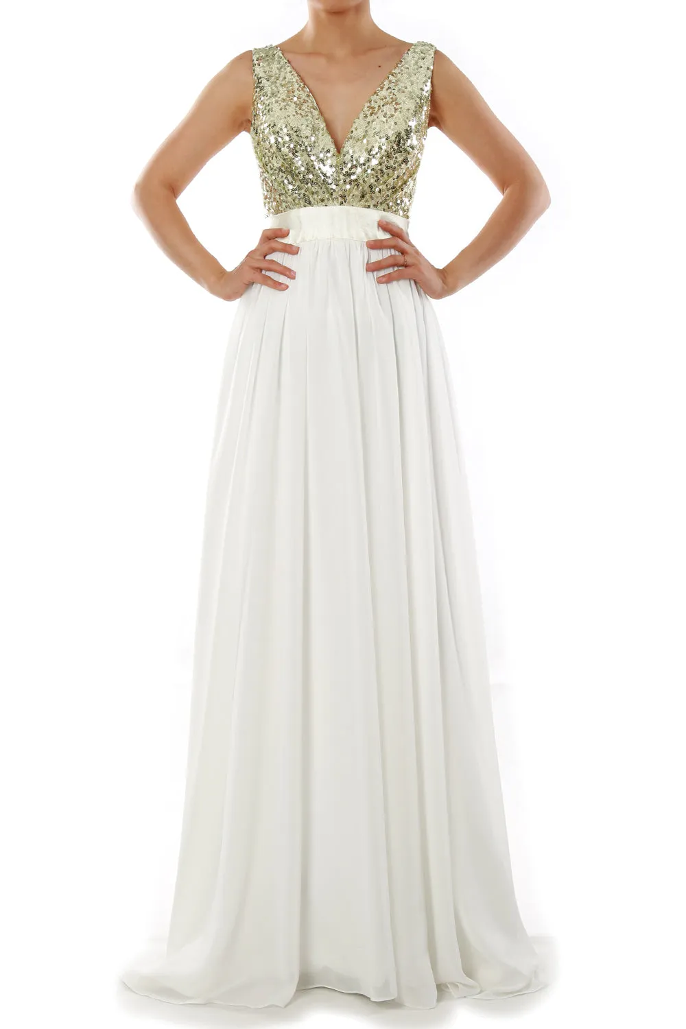 MACloth Women V Neck Sequin Long Prom Dress Wedding Party Formal Evening Gown
