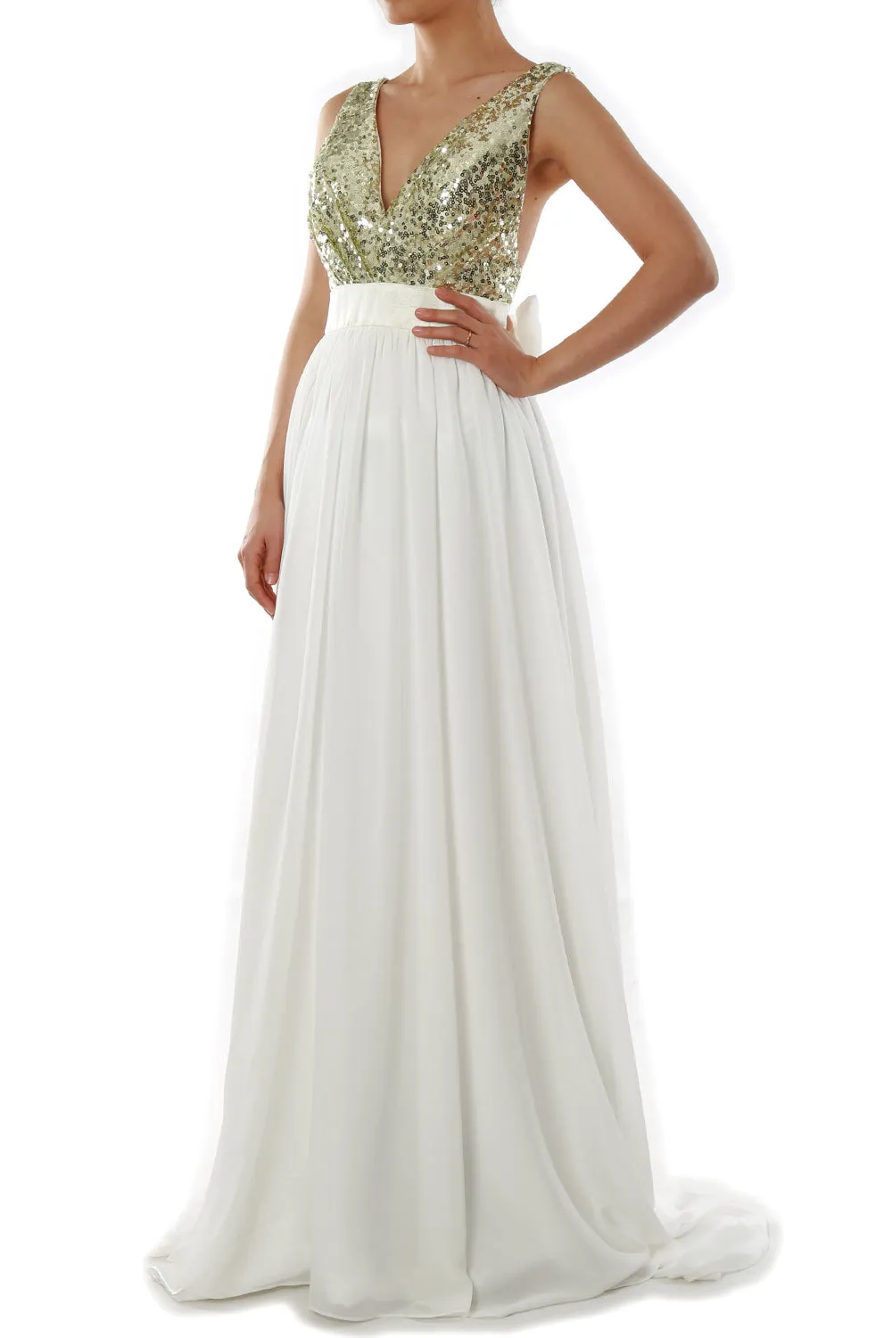 MACloth Women V Neck Sequin Long Prom Dress Wedding Party Formal Evening Gown