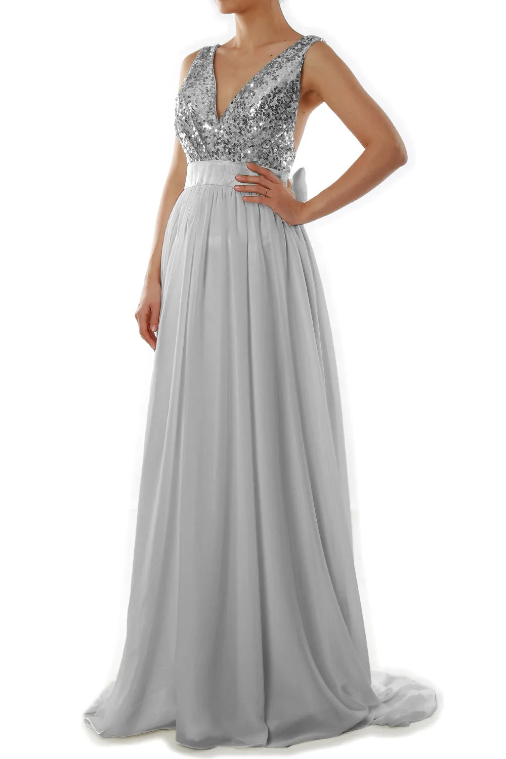 MACloth Women V Neck Sequin Long Prom Dress Wedding Party Formal Evening Gown