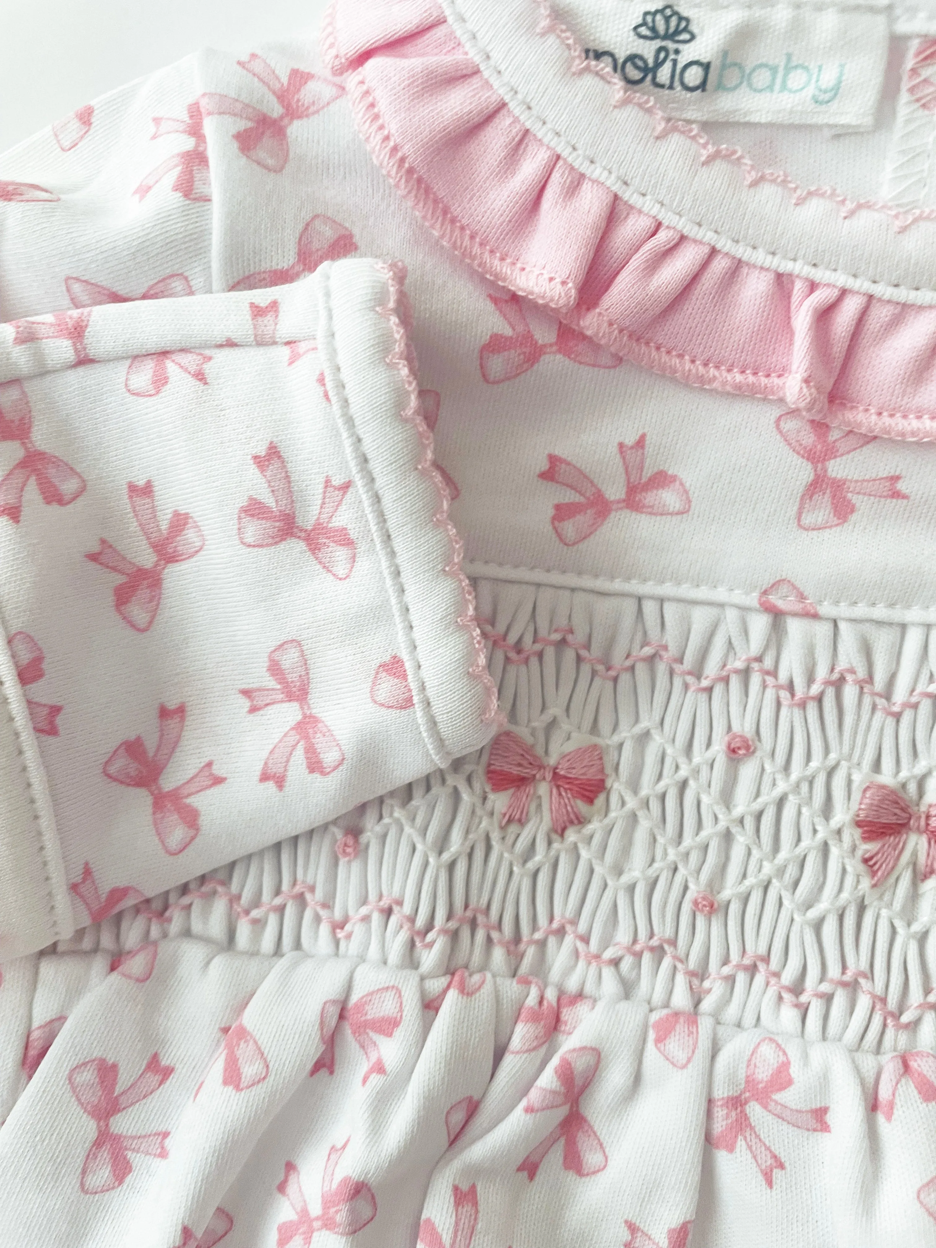 Magnolia Baby Girls Soft Pima Cotton Smocked Bow Coquette Newborn Footed Romper
