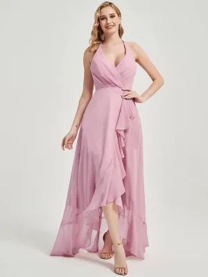 Mauve Halter Backless High Low Chiffon Bridesmaid Dress With Pocket