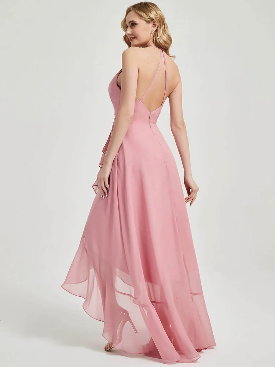 Mauve Halter Backless High Low Chiffon Bridesmaid Dress With Pocket