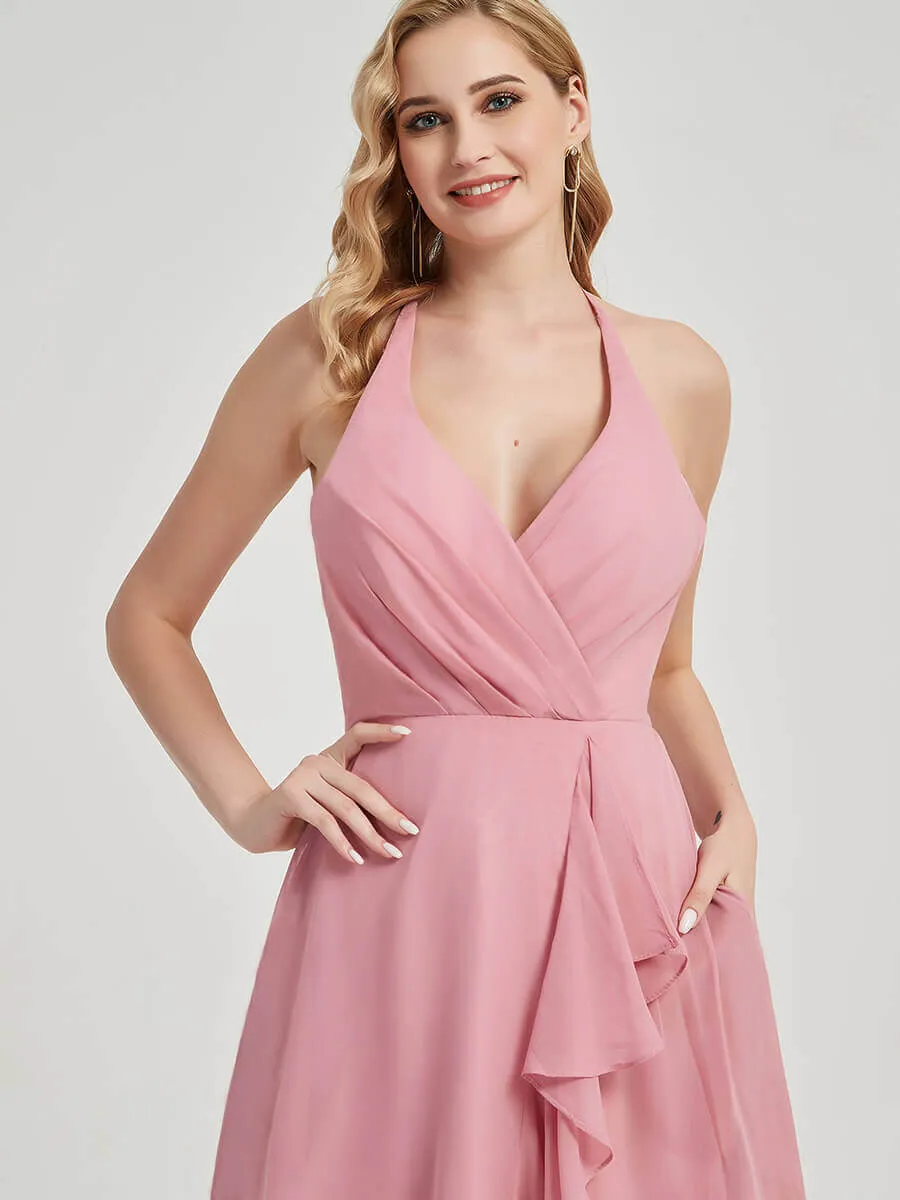 Mauve Halter Backless High Low Chiffon Bridesmaid Dress With Pocket