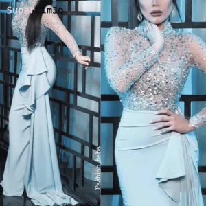 mermaid evening dresses long sleeve high neck beaded crystal blue evening gown robe de soiree