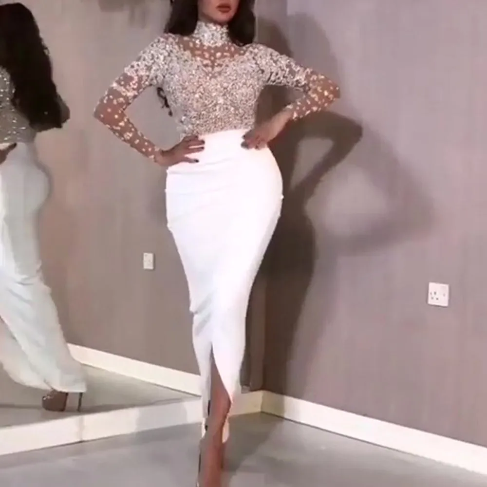 mermaid evening dresses long sleeve high neck beaded sparkly arabic elegant formal evening gown