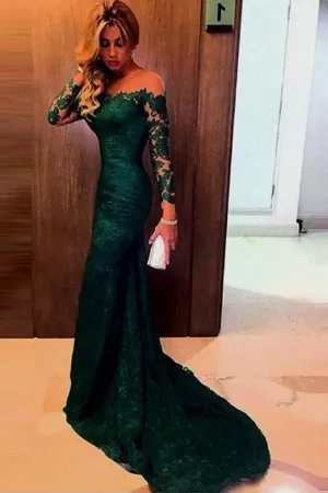 Mermaid Long Sleeve Dark Green Lace Evening Dress