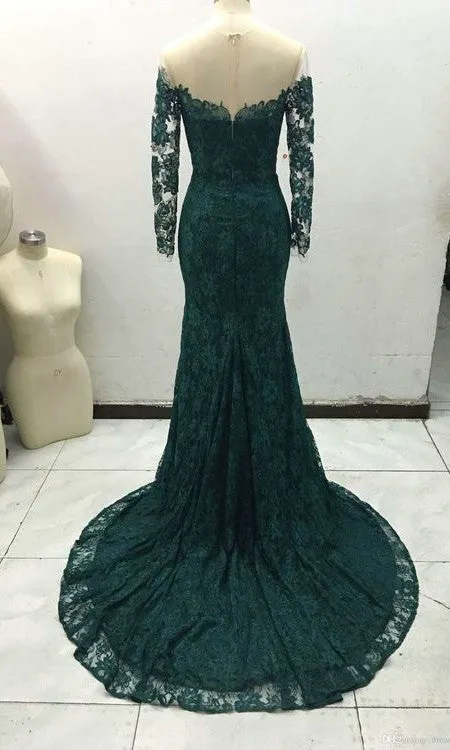 Mermaid Long Sleeve Dark Green Lace Evening Dress