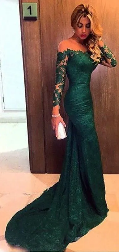 Mermaid Long Sleeve Dark Green Lace Evening Dress