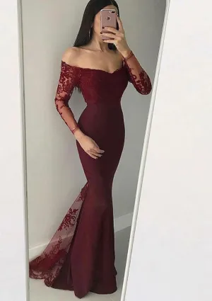 Mermaid Off Shoulder Illusion Long Sleeve Fishtail Burgundy Satin Evening Dress, Lace