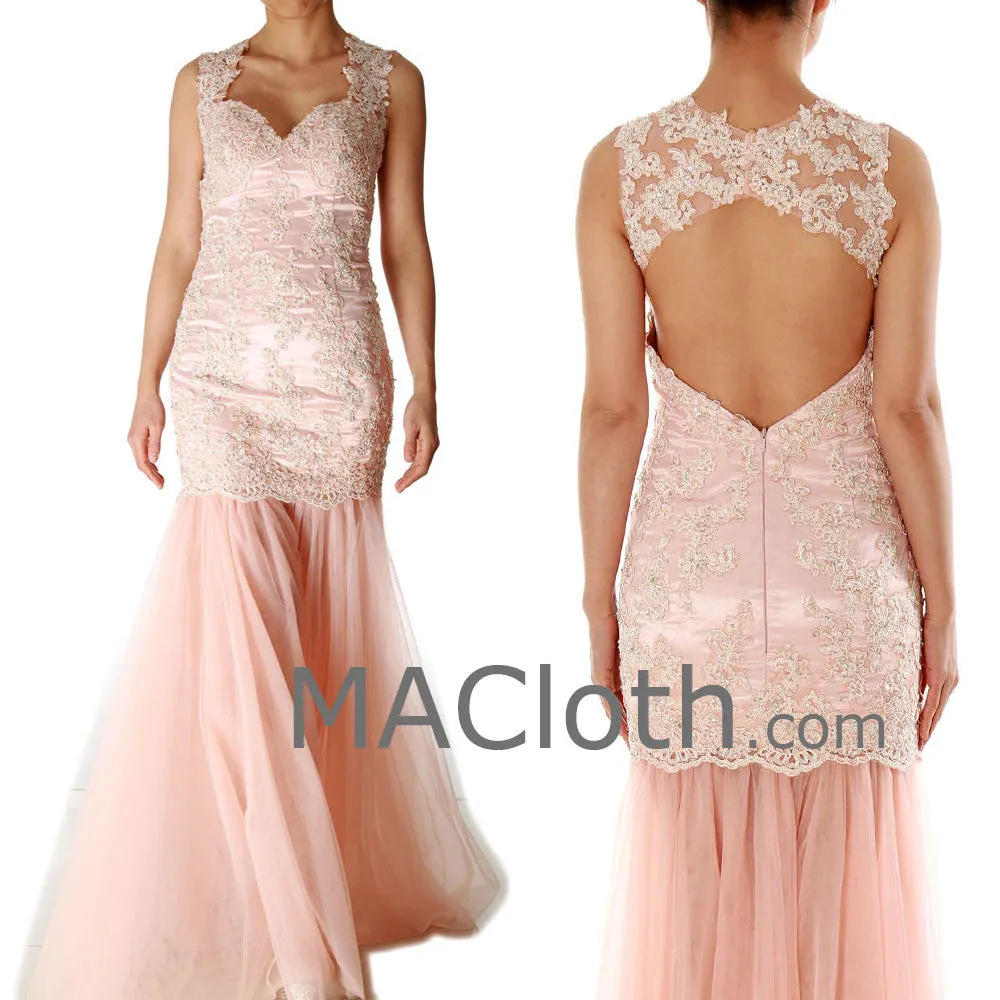 Mermaid Straps Sweetheart Long Lace Pink Prom / Evening Gown 160191