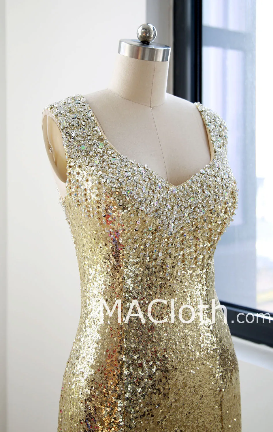 Mermaid Straps Sweetheart Long Sequin Gold Evening Prom Dress