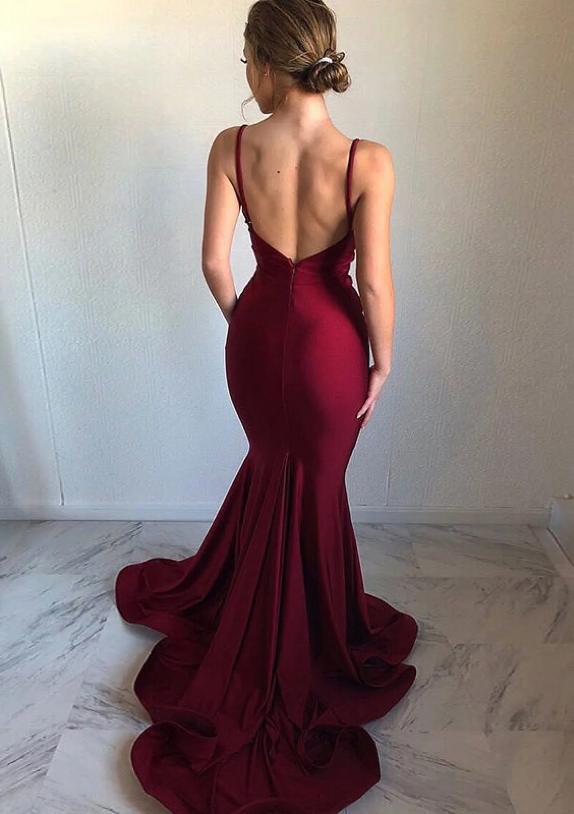 Mermaid V Neck Backless Court Train Charmeuse Prom Party Evening Dress