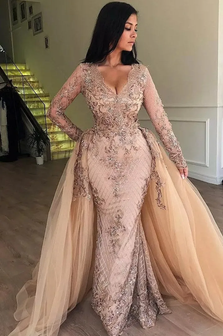 Mermaid V-neck Long Sleeve Floor Length Tulle Embriodery Prom Dress