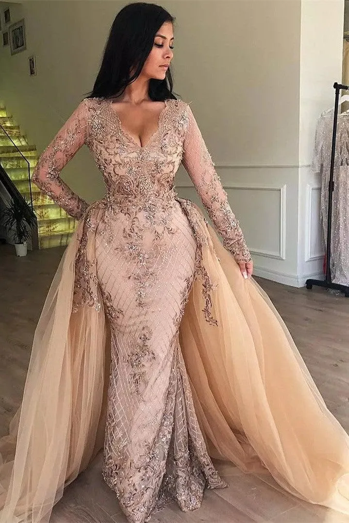 Mermaid V-neck Long Sleeve Floor Length Tulle Embriodery Prom Dress