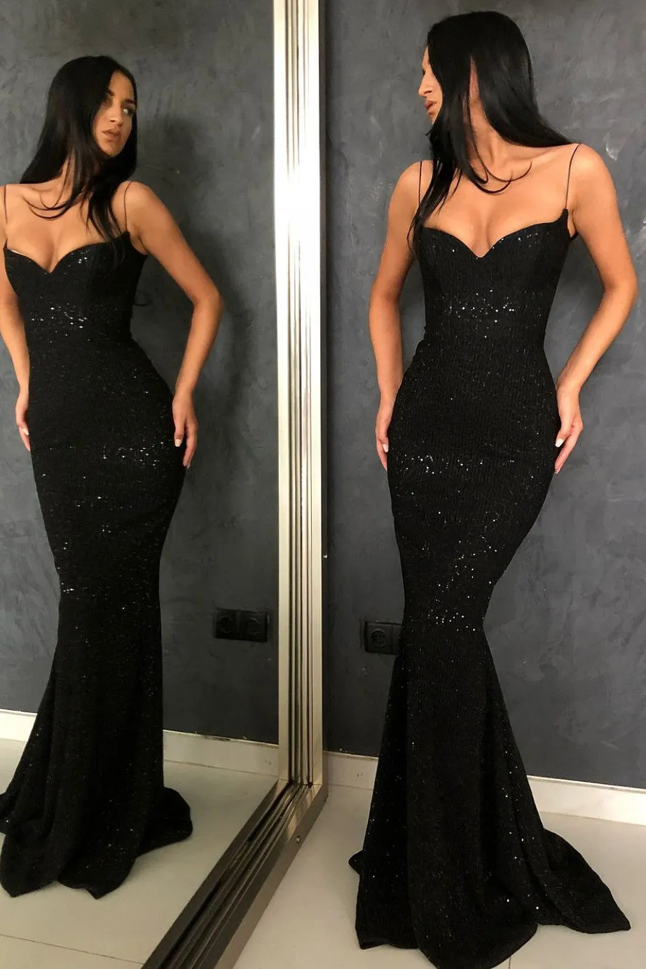 Mermaid V-neck Spaghetti Strap Floor Length Paillette Prom Dress