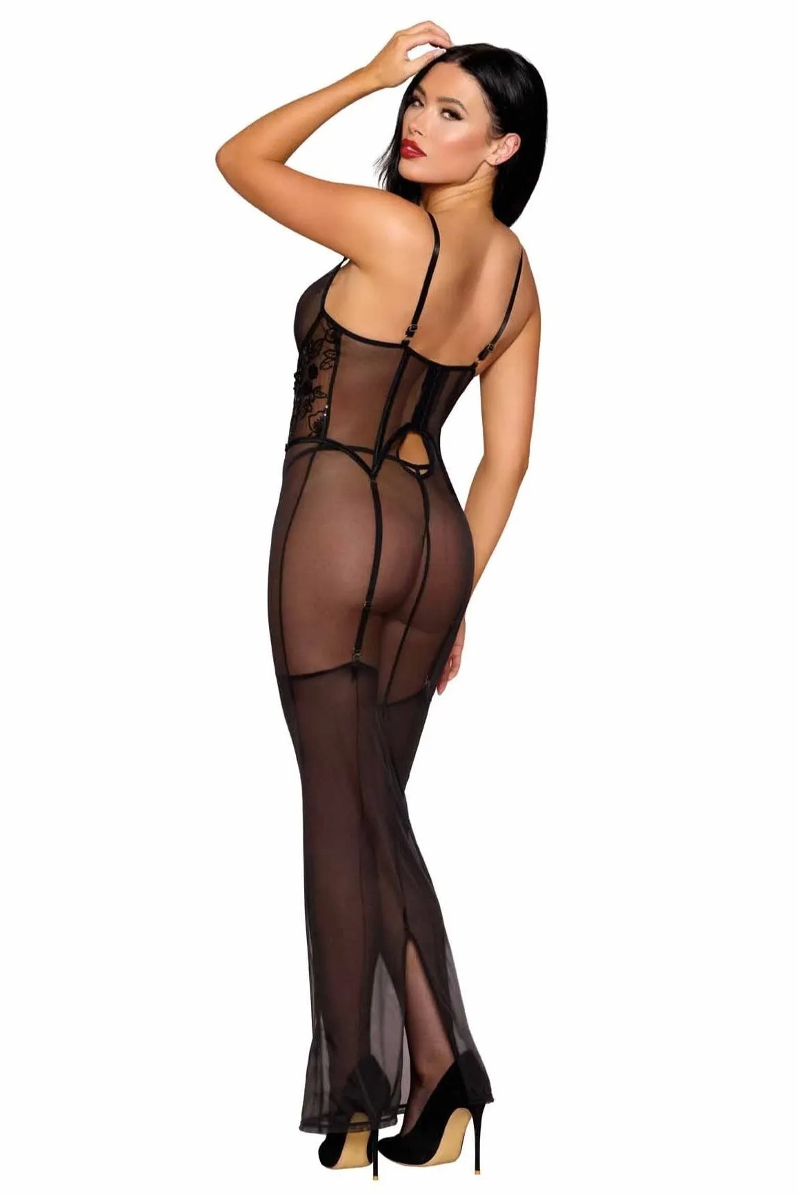 Mesh Gown with Sequin Corset Waist & G-string