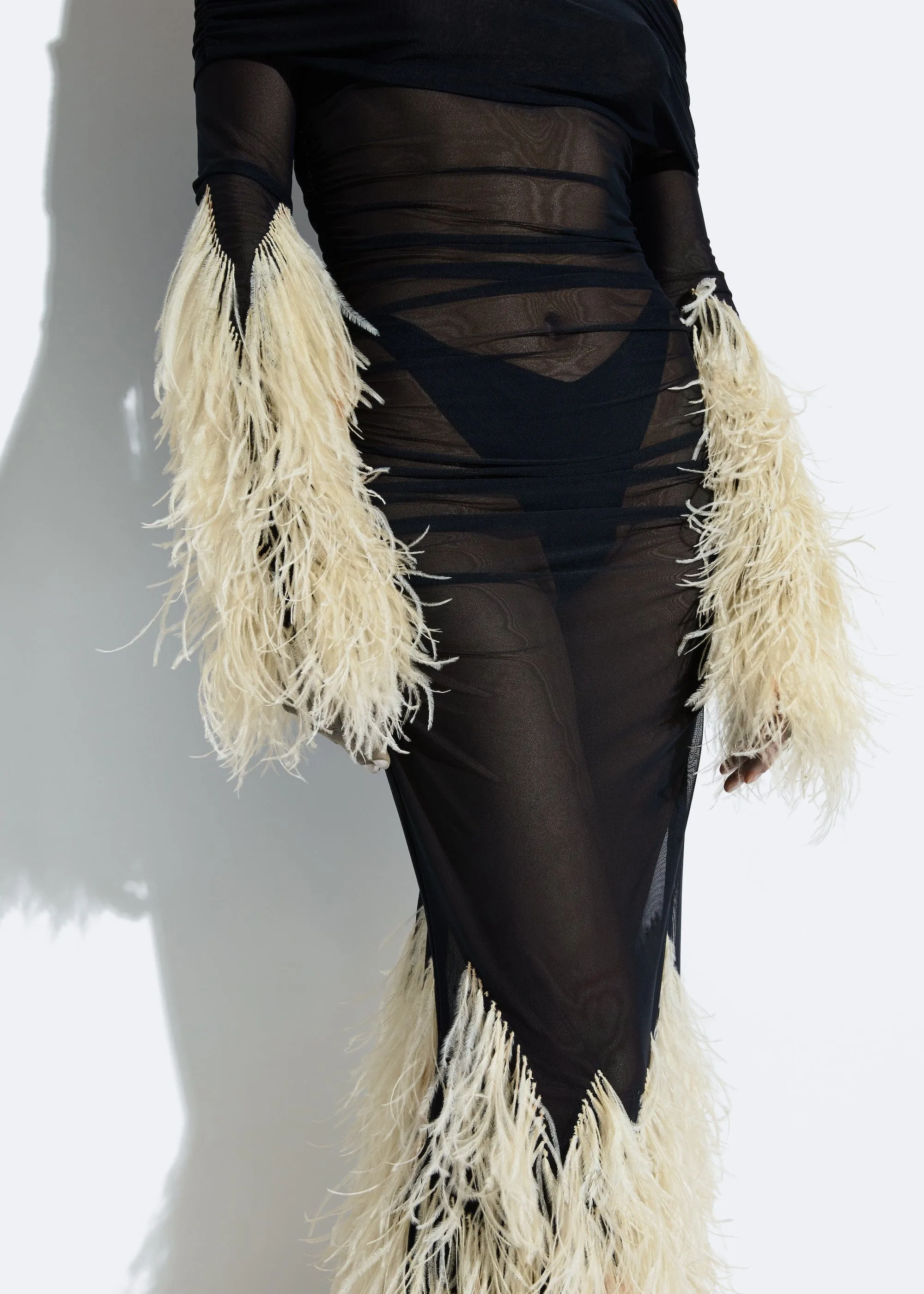 Mesh Off The Shoulder Gown With Feathers
