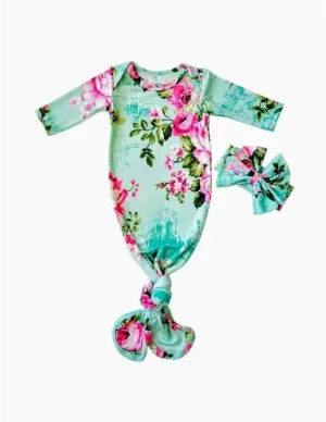 Mint Floral Newborn Knotted Gown Set Coming Home Outfit Girl