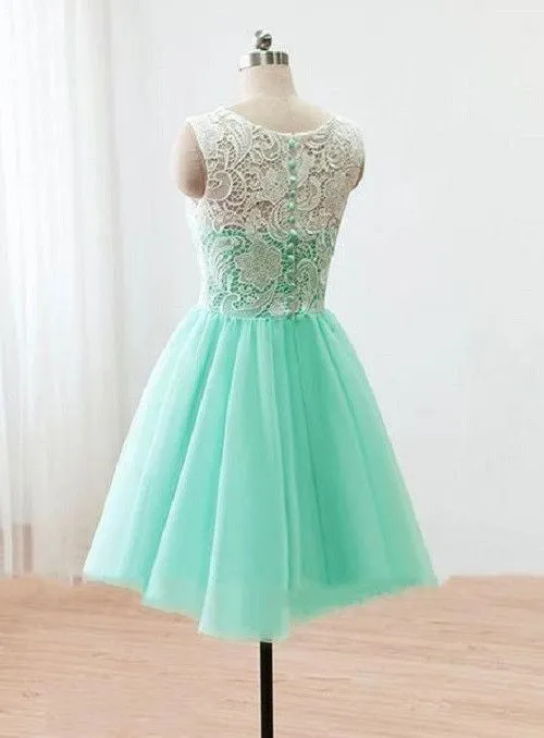 Mint Lace Top Tulle Junior Cheap Short Bridesmaid Dresses, BG51405